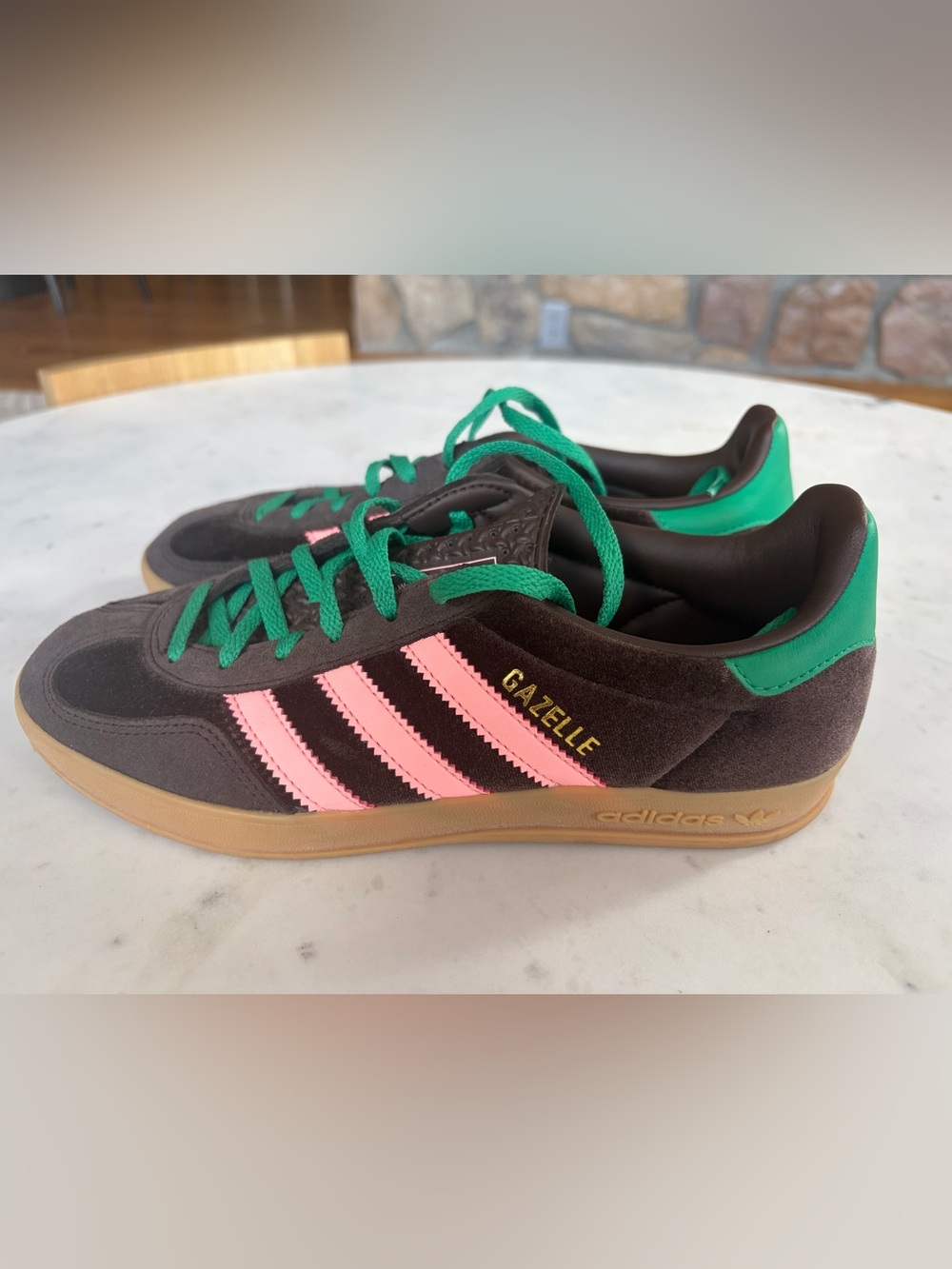 adidas Brown Suede Sneakers with Pink Stripes and Green Laces LONDON EDIT